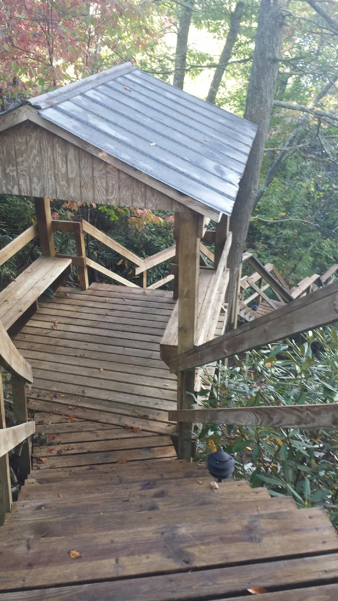 Metal roofed shelter over wooden steps on a wooded walkway — Skylight Repair & Installation work by our crew in Venus